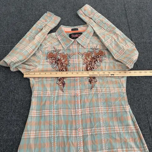 Roar Women's Embroidered Blue Orange Button Up Plaid Western Shirt – Size Medium
