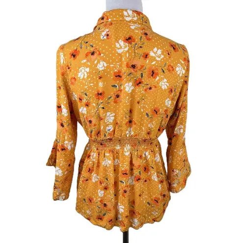 Idyllwind Mustard Yellow Long Sleeve Floral Button-Front Plunge Blouse Size XS