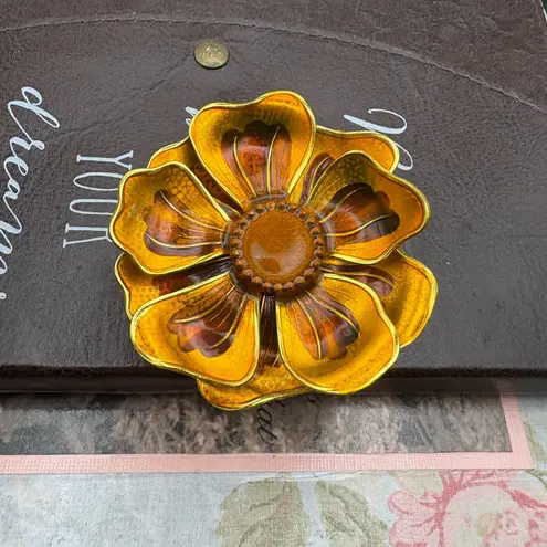 Vintage Enamel Flower Brooch Made in Germany Gold Amber Statement Pin Yellow