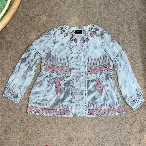 Johnny Was Biya Deliza Embroidered silk Boho Tunic Blouse Large