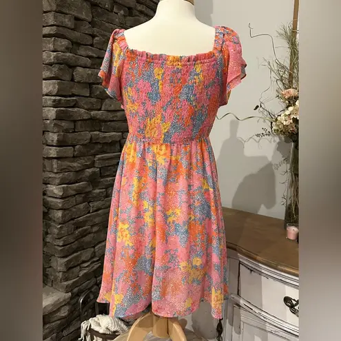 Meet Me In Santorini Smocked Bodice Floral Sleeve Mini Dress. Size Large Pink