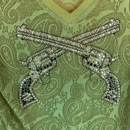 Cowgirl Hardware womens tshirt sz S western country rock grunge bedazzeled moto Green