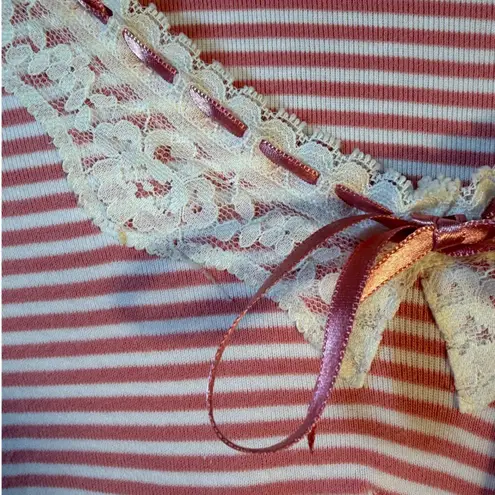 White Stag Vtg Striped Lace Trim Top Pink & White Cotton Babydoll Y2K Size L