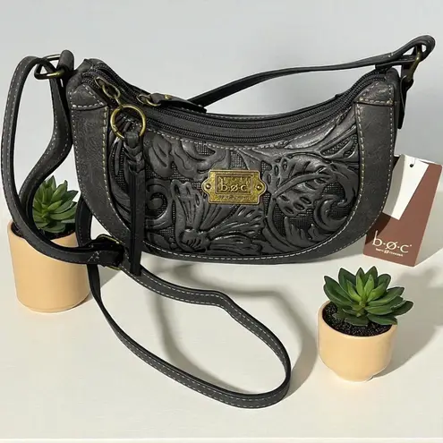 B.O.C. Crossbody Bag Purse Charcoal Embossed Floral Adjustable Strap Womens Gray