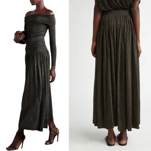 Zimmermann Illuminate Gathered Metallic Knit Flare Maxi Skirt Black Gold US 8