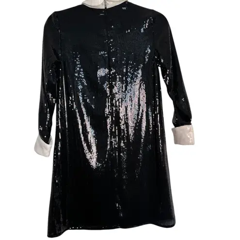 Asos Petite Black Sequin Swing Long Sleeves Mini Dress with White Collar and Cuf Size 0P