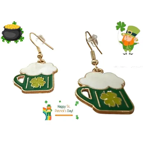 St Patricks Day Earrings Beer Four Leaf Clover Dangle Hooks Parade New F… Gold