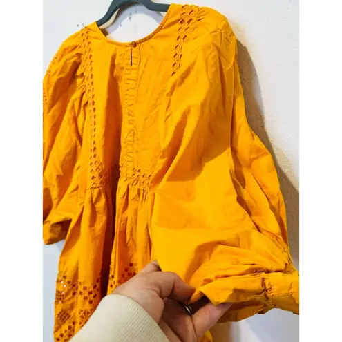 RHODE Orange Yellow 100% Cotton 3/4 Sleeve Embroidered Carla Mini Dress Size M Size M