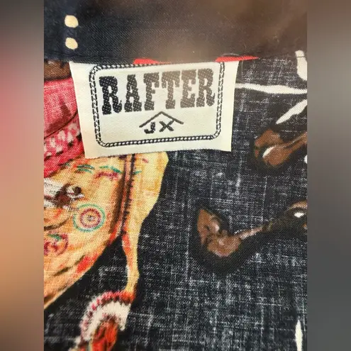 Vintage Rafter JX Cowboys Indians Novelty Print Fringe Western Shirt Red