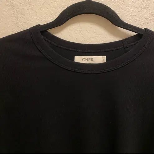 Cher Black Ribbed Curved Raw Hem Short Sleeve T