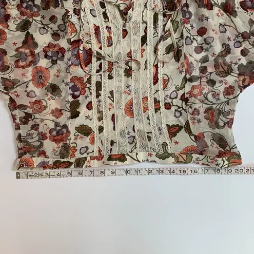 Karen Kane ivory, rust and purple floral print dolman sleeve semi sheer blouse M