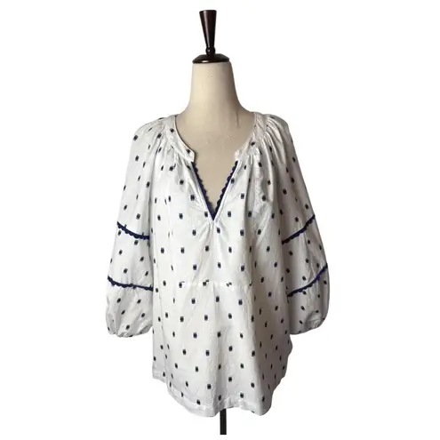 Tyler Boe Shirt Women Large White Blue Cotton Geo Molly Blouse Peasant Preppy