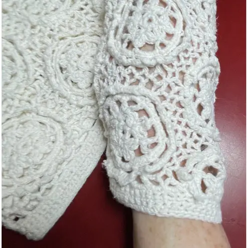 Moda Intl Crochet Button Front Cardigan Womens Med Ivory Medallion Vtg Y2k Retro