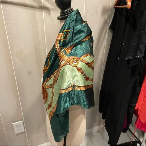 Vintage 80s Mosi silky equestrian old money scarf mob wife 35” x 35” harness Green