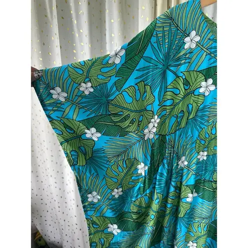 Hula Bay Hawaiian Monstera Plumeria Flowers Batwing Kaftan Swim Cover Up Top S/M Green Size M