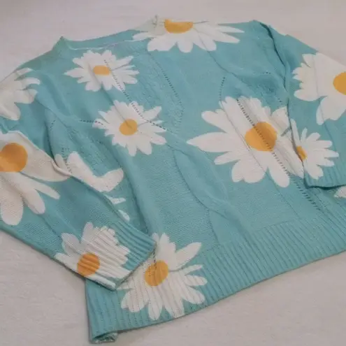 Miss Sparkling Aqua Blue & White Daisy Print Openwork Pull Over Sweater Size M
