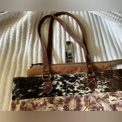 Myra Bag Brown and Black Patchwork Tote with Leather Accents