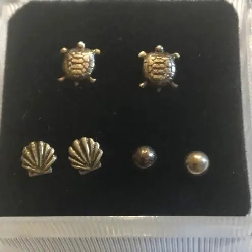 Vintage Lot of 3 Tiny Shell Turtle & Ball Stud Sterling Silver Back Earrings