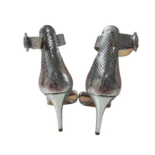 L'Agence Gisele II Heel Snakeskin Print Ankle Strap Silver Sandals Size 38 EUC