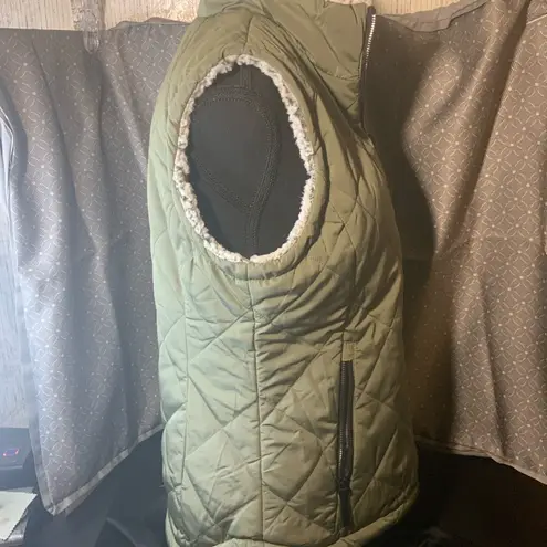 Free Country Womens Full Zip Vest Reversible Green Quilted Plush, pockets Small