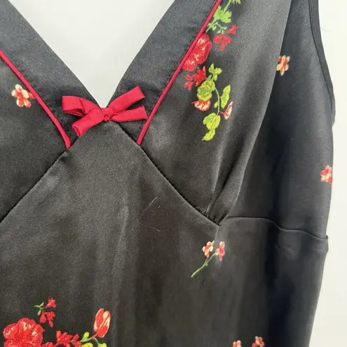 Jones New York  Black Satin Floral Mini Slip Dress Night Gown Size Medium Y2k
