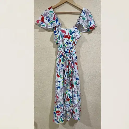 Tanya Taylor White Colorful Flamingo Wrap Bodice Teigan Silk Midi Dress 4