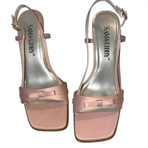 Sam & Libby Womens 6M Marine Pink Satin Square Toe Bow Slingback Heels Retro