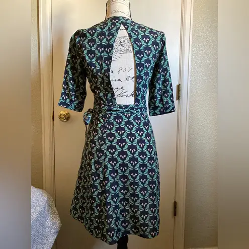 Ethereal Green & Blue Floral Geometric Wrap Open Back Dress #S