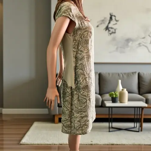 Lina Tomei Made in Italy Linen Dress Gray Sage Stone Abstract Cap Sleeve Size L Size L