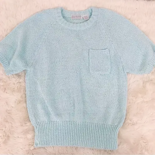 VINTAGE 80s Short Sleeve Crewneck Sweater Pullover Light Green Blue Size Large