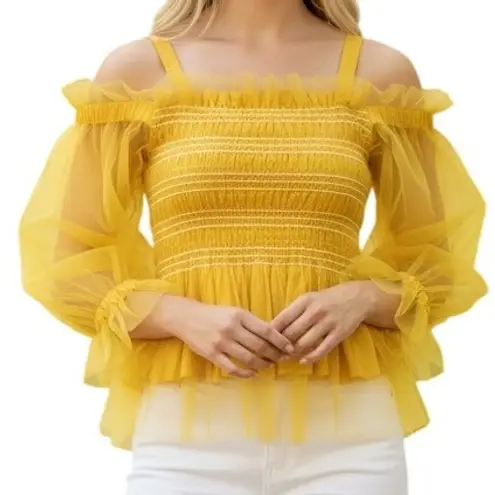 Iris Bright Lemon Yellow Smocked Cold Shoulder Tulle Puff Sleeve Peplum Top M