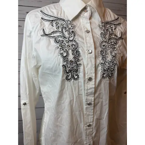 Roar Western Shirt large Signature Cowgirl Rodeo Pageant Blouse White Lace Bling