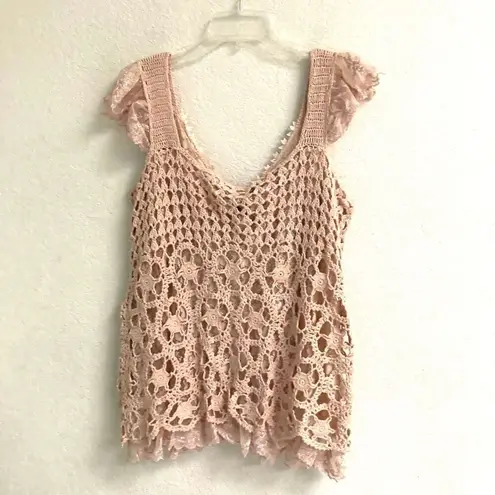 Baby pink BoHo fairycore coquette crochet floral lace tank sweater women’s L Size L