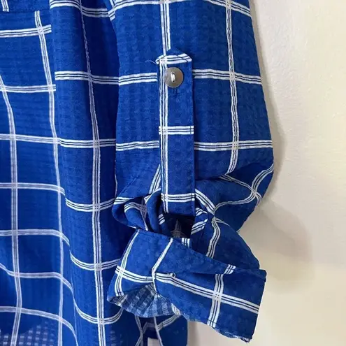 kim rogers  blue white semi-sheer window pane plaid button up blouse shirt L