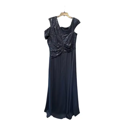 Tadashi Shoji Vesta Sequin Off-Shoulder Evening Gown Navy Formal Dress Size 16