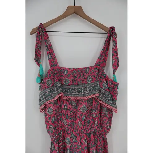 ALICIA BELL Floral Print Tassel Tie Shoulder Dress XL Red Blue Silk Cotton