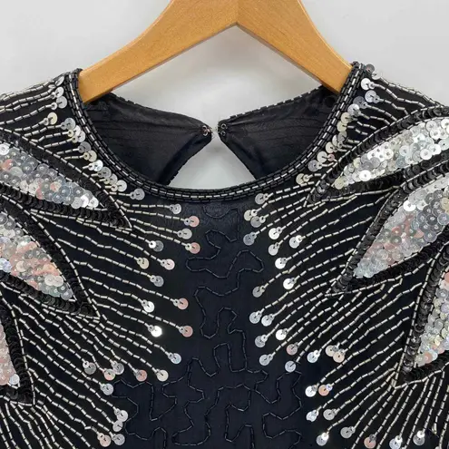 Scala Vintage Festive Dress Whimsigoth Fairy XL Black Silver Silk Sequined Beads