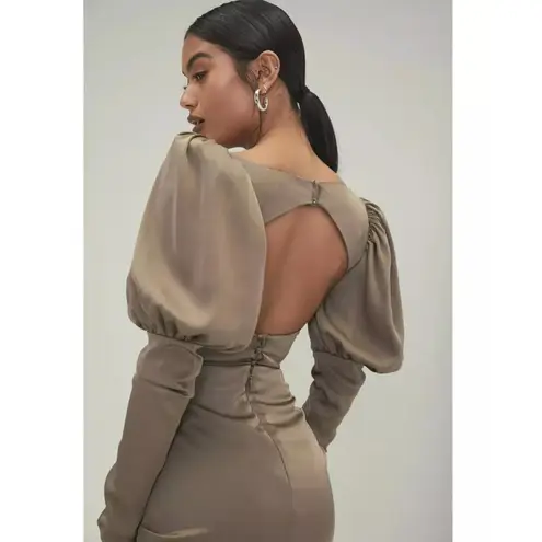 Mistress Rocks Tie Not Olive Silky Backless Corset Rave Puff Sleeve Blouse Small Brown