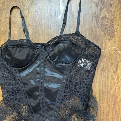 Vtg Y2K Black Babydoll Corset Bustier Top w Garter Straps Sz Large Satin Lace