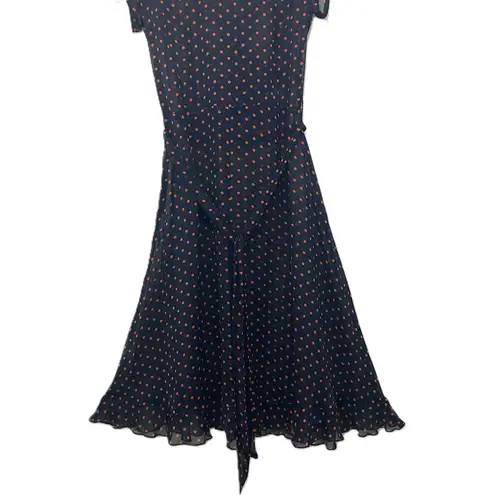 MSK Dress Size 4 Polka Dot Navy Pink Faux Wrap Ruffle Midi Short Sleeve Blue