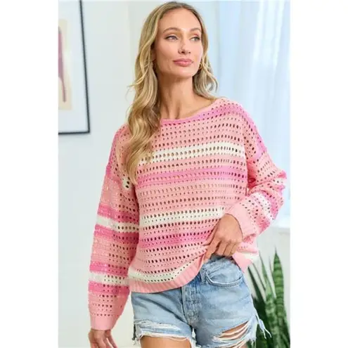 First Love Striped Long Sleeve Openwork Knit Top