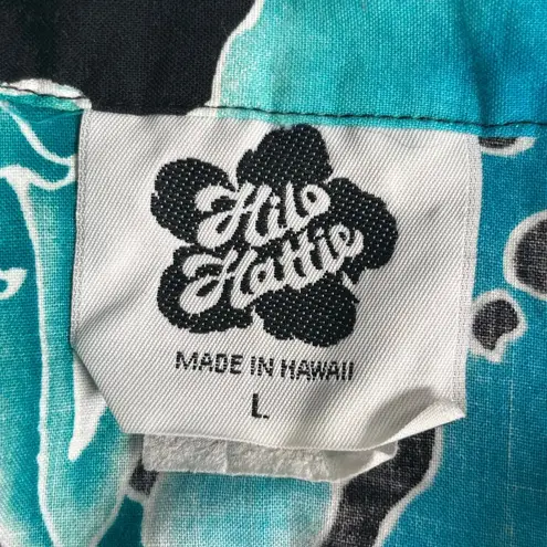 Vintage 90s Hilo Hattie Hawaiian Shirt Black Teal Monstera Floral Pattern Large