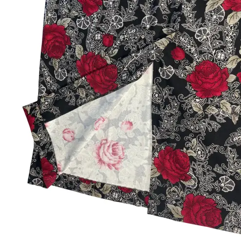 Briggs New York Vtg Skirt 14P Black Red Rose Floral Print Midi Pencil 1990s Y2K