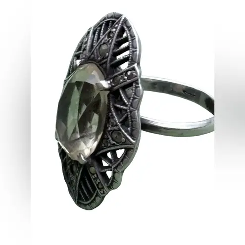 Antique Citrine Marcasite Hallmarked Sterling Silver Large Art Deco Estate Ring Yellow