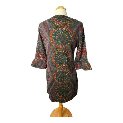 24seven Comfort Apparel Tunic Dress Mandala Print 3/4 Sleeve Women Size XL Gray