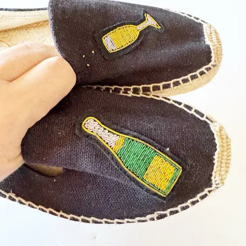 Soludos Black Canvas Espadrille Party Champagne Embroidered Size 9 Wedding Toast