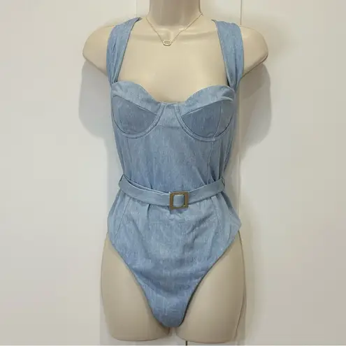 We Wore What Vintage Denim Danielle One Piece Swimsuit Blue Belted Large Chic