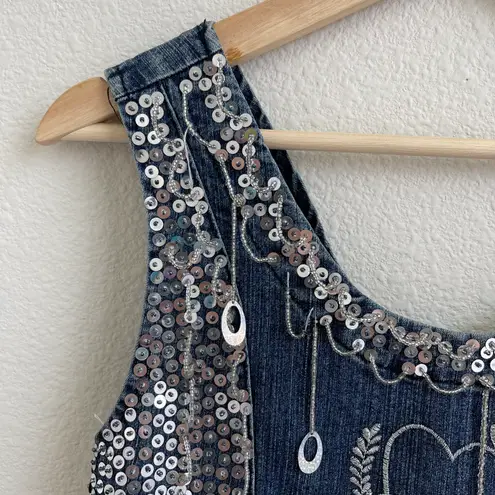KBB JEANS Vintage 90s Dark Wash Denim Sequin Beaded Handmade Smocked Tank Top Blue Size L