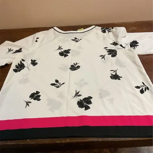 Investments XL Blouse Ivory Black Floral 3/4 Sleeve Round Neck Stripe Hem