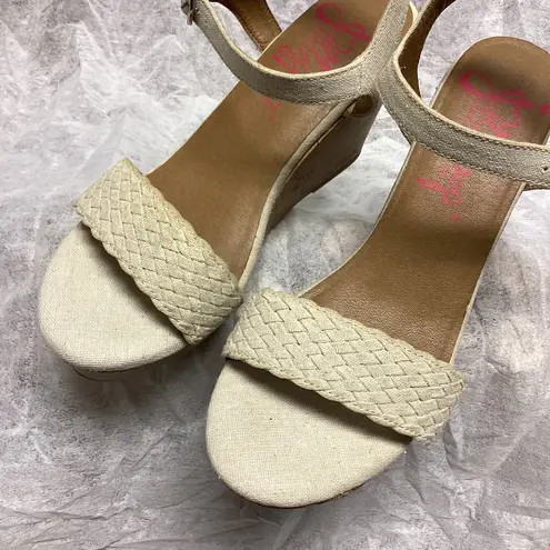 Jellypop Linen Cork Wedge High Heel Strap Sandals with Silver Buckles Size 10